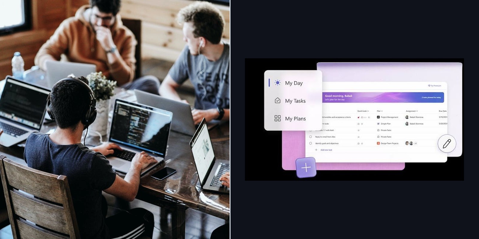 The delivery team at work beside the Microsoft Planner board behind the automated digest.